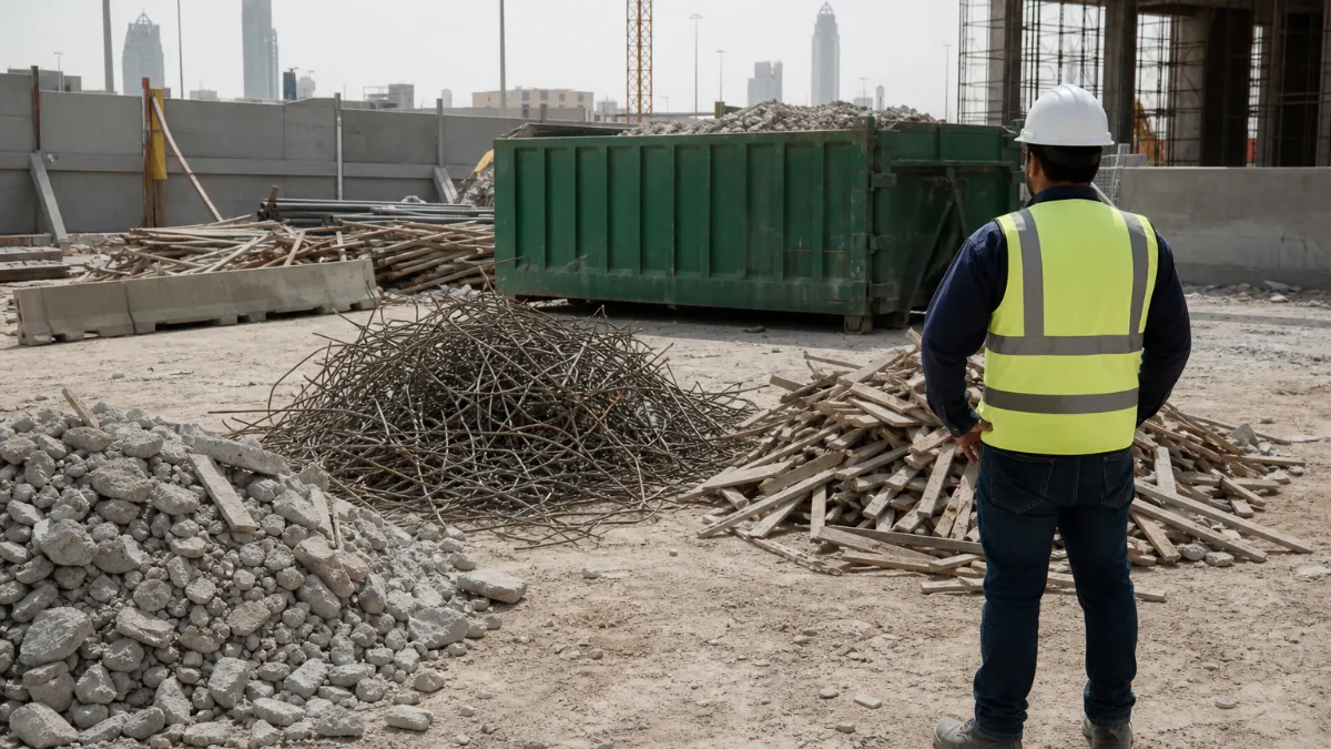 التخلص من مخلفات البناء: الاشتراطات والخطوات العملية 1 فرز مخلفات البناء في الموقع قبل التخلص من مخلفات البناء: خرسانة وحديد وخشب بجانب حاوية